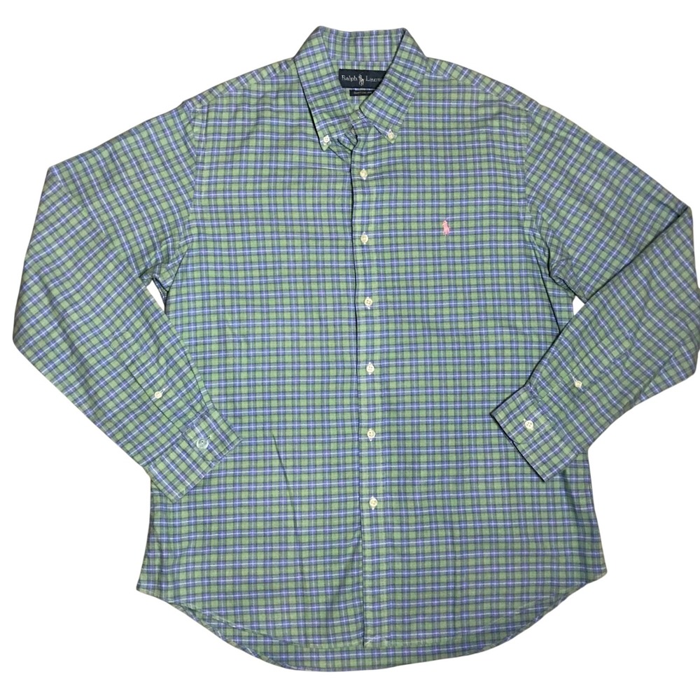 Ralph Lauren Mens Custom Fit Plaid Button Down Shirt Green Blue Pink Large